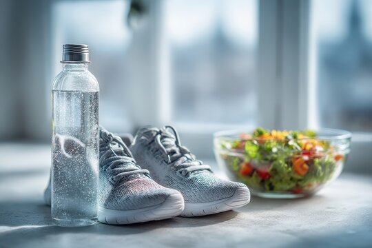 Healthy Lifestyle Still Life: Water Bottle, Sneakers, and Fresh Salad Bowl