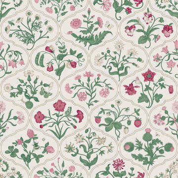 Flowers of the Meadow. Floral trellis. Vintage seamless floral pattern. Pink and green