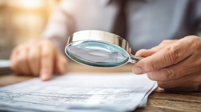 Close up of a person examining documents with a magnifying glass, highlighting attention to detail and research