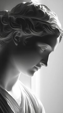 Dramatic Black and White Portrait of a Classical Marble Sculpture of a Woman's Head and Shoulders