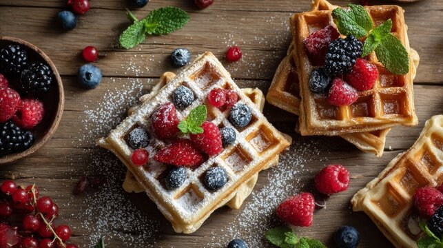 Sweet Dutch waffles, mint, and berries sat on a wooden table, arranged for a pleasing view.