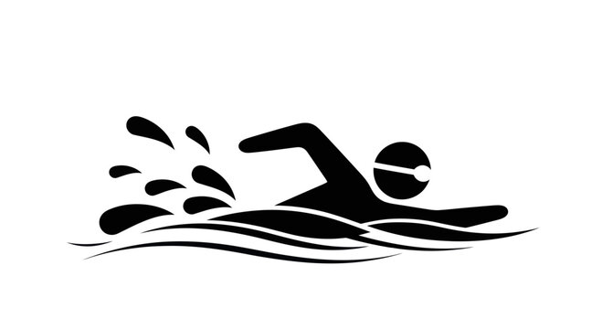 Silhouette of a swimmer in goggles and cap, swimming freestyle with water splashes