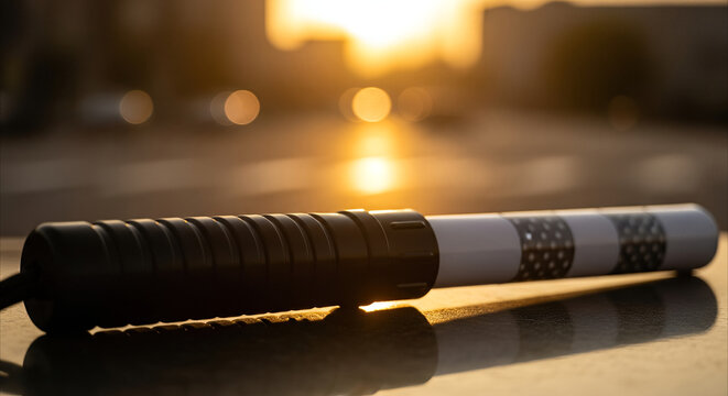 Traffic police signaling baton with reflective markings on a surface at golden hour, symbolizing authority and safety in urban law enforcement.