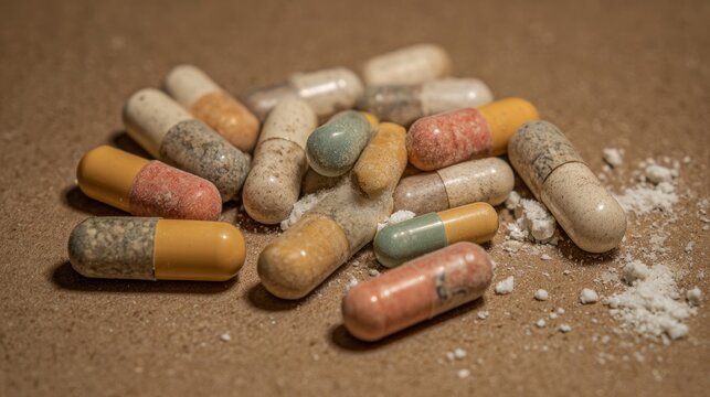 Pills lie on a light brown surface, seen up close.