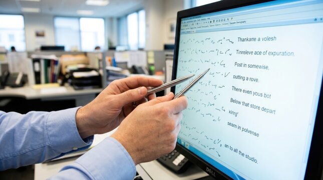Transcriptionist pointing with pens at shorthand steno notes on computer screen
