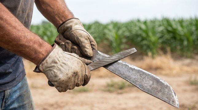Farmer wearing leather gloves sharpening machete blade with metal file in cornfield