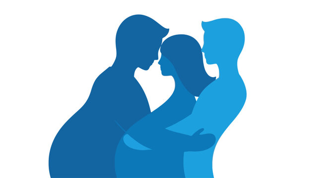 Love triangle concept: two men embracing a woman, relationship conflict, choice, emotional dilemma