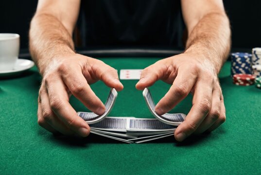 Professional casino dealer expertly shuffling deck of playing cards on green table