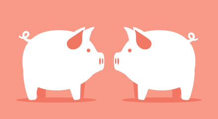 Fototapeta premium Two white cartoon pigs facing each other on a pink background, minimalist illustration