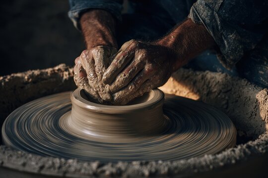 Close-up of a potter's hands shaping wet clay on a spinning pottery wheel