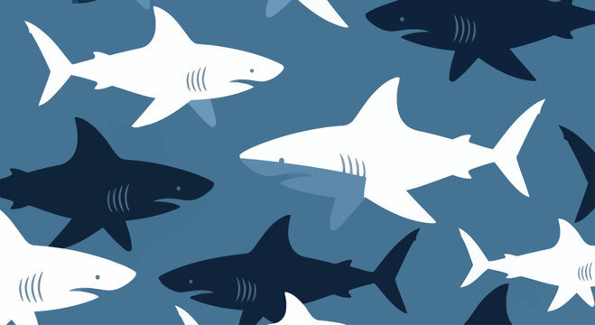 Seamless Pattern of White and Dark Blue Sharks Swimming in Blue Water