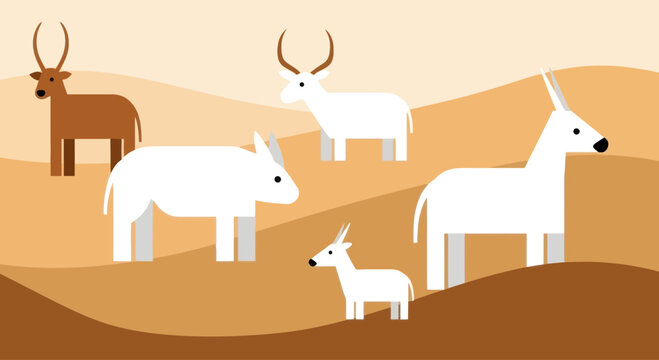 Stylized herd of antelopes in a desert landscape, flat vector illustration