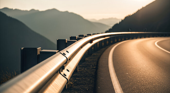 Golden hour light illuminates a curving steel guardrail on a mountain road, offering ample copy space and suggesting journey and safety