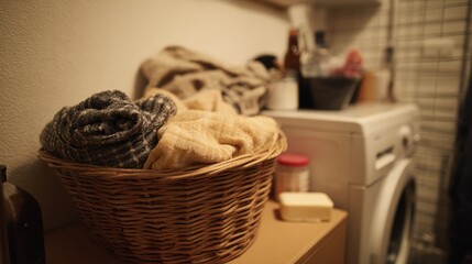 Obraz premium Clothes in a basket sit near the washing machine and soap, ready for cleaning in the room.