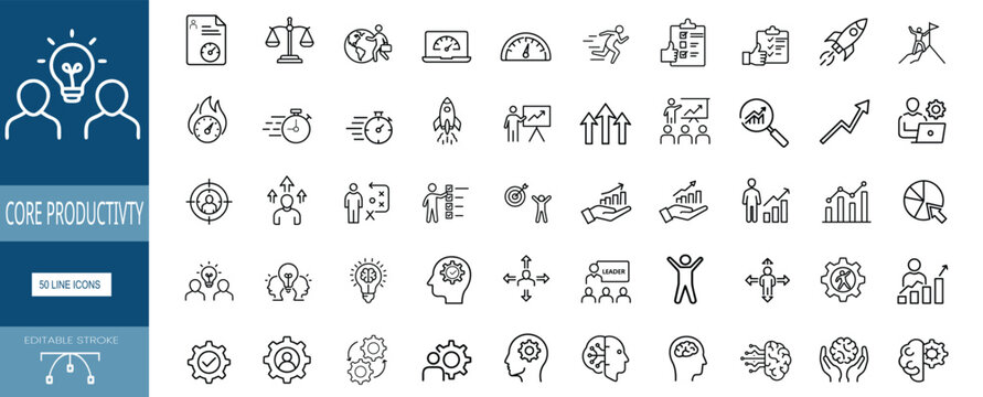  crore Productivity line icons set time management business efficiency success task goal progress strategy performance workflow & more vector illustration with editable stroke.