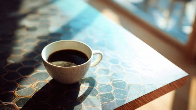 Coffee Cup on Hexagonal Tile Table
