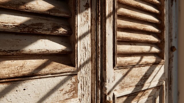 Wooden shutters on a window were seen up close outside.