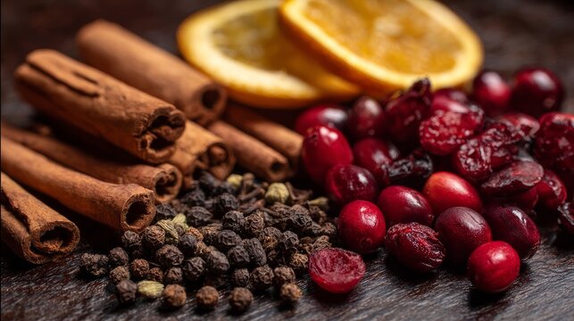Spices, dried orange pieces, and cranberries sit on a table for mulled wine, viewed up close.