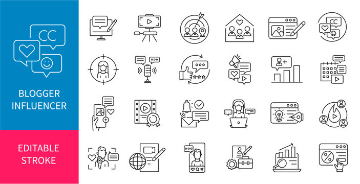 Influencer and Content Creator Line Icon Set, Social Media Marketing, Blogging