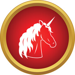 Naklejka premium White unicorn head silhouette in a red circular frame with a golden border