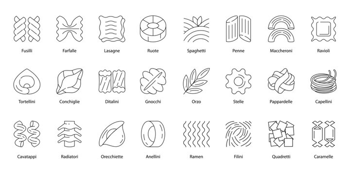 Italian pasta types outline icons set, linear food design elements