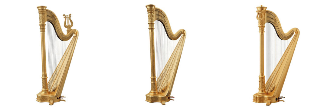 Set of Classical Golden Harp Isolated on White Background, PNG