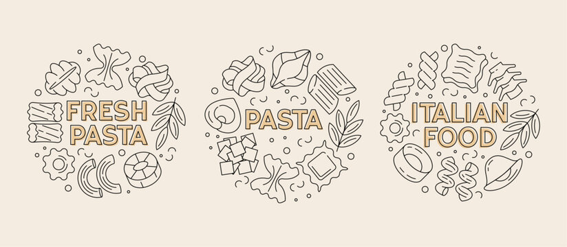 Italian pasta round compositions set, linear outline food designs, spaghetti,