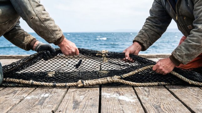 Two commercial fishermen pulling a heavy black fishing net onto a wooden dock by the sea