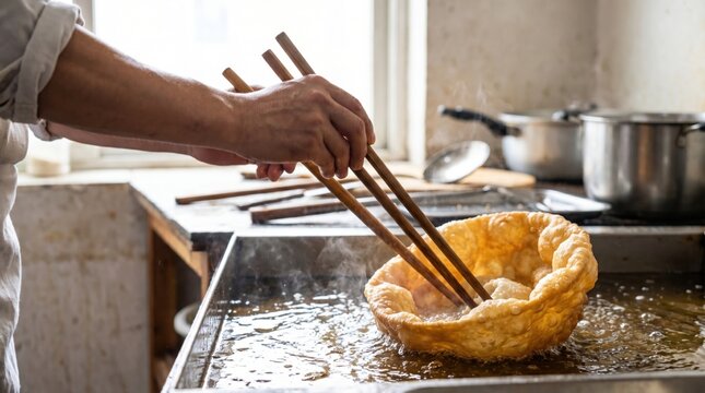 Chef using long chopsticks to deep fry a large piece of flatbread dough in a kitchen