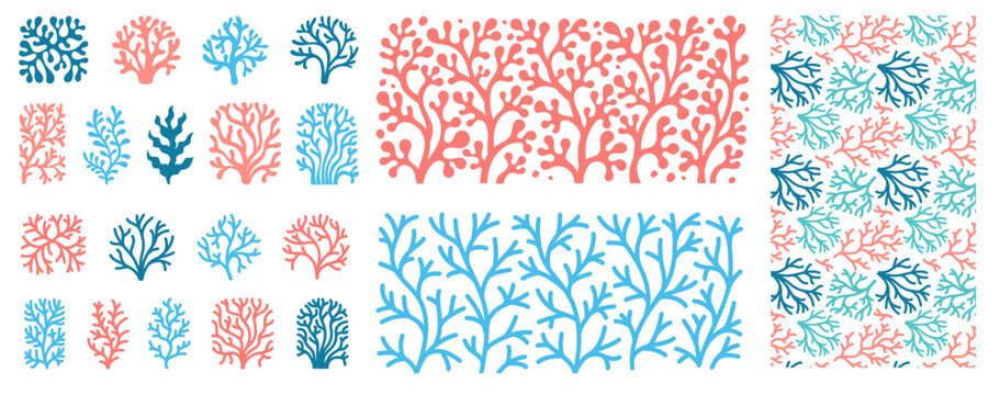 Set of Coral reef and seaweed seamless pattern, underwater sea with hand-drawn coral and algae elements