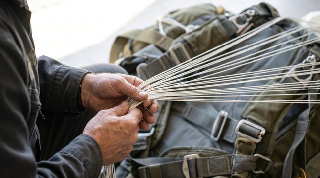 Professional rigger carefully detangling and organizing the suspension lines of a green parachute