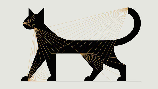 Sharp geometric cat stretching on white background &ndash; Suitable for creative writing platforms, interior design blogs, or pet product stores.