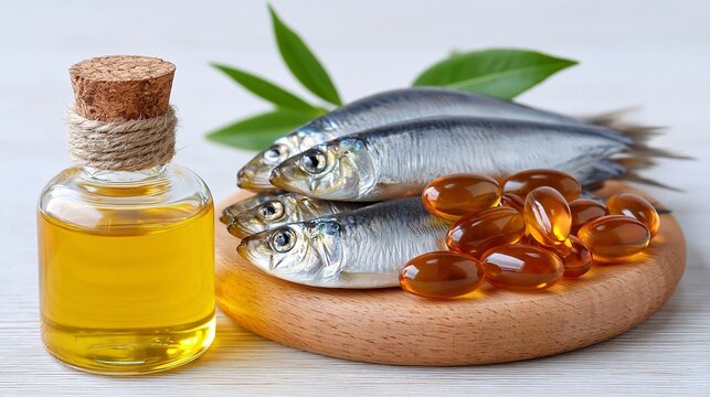 Bottle of fish oil with fresh fish and omega-3 capsules on wooden plate, green leaves in the background, healthy dietary supplement concept