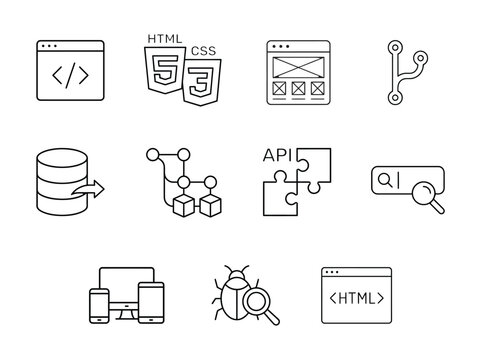 Vector Illustration Set of Tech Icons including Git Branch, Database, and Responsive Design