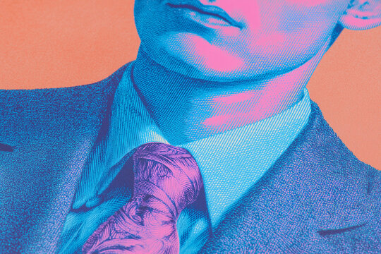 A close up illustration of a man wearing a suit and tie, risograph style vintage print - vivid neon colors, pink orange and purple - modern stylized halftone paper print