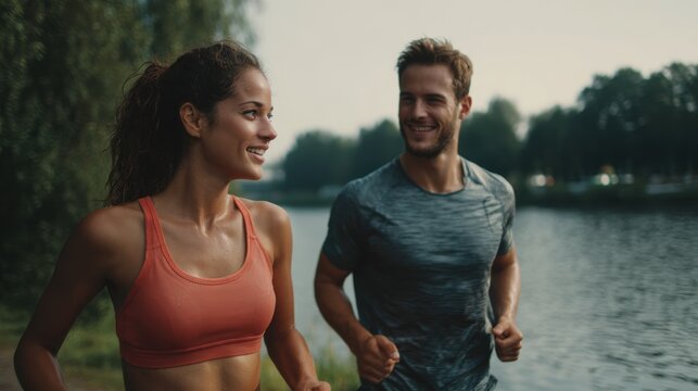 Cardio sports exercise, healthy lifestyle. A man and woman jogging by a lake at sunset. The woman, wearing a red sports bra top, smiles as she runs alongside the man.