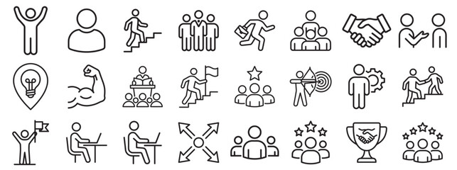 Fototapeta premium business and teamwork line icons set, success, leadership, achievement, strategy, communication, motivation, isolated on transparent background