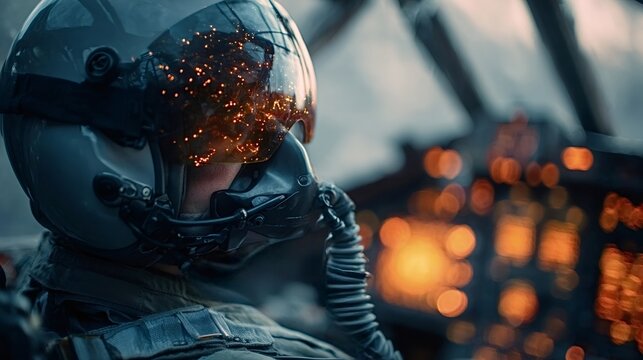 Military pilot wearing a modern flight helmet with an oxygen mask and a visor reflecting orange sparks, seated in a fighter jet cockpit with blurry control panel lights
