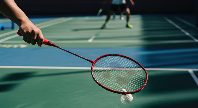 Close-up on hand holding badminton racket before hitting shuttlecock on bright court