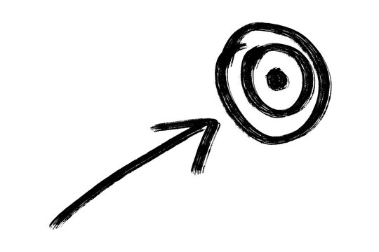 Hand drawn black brush arrow pointing to target icon doodle.