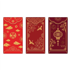 Fototapeta premium Set of Three Traditional Red and Gold Chinese New Year Gift Envelopes with Ornamental Designs.