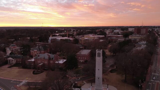 Aerial view of the bell tower and the campus of NC State University in Raleigh , NC