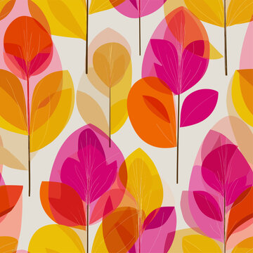 Seamless mid-century modern floral pattern with abstract leaves. Abstract repeating pattern showing colorful stylized leaves with a mid-century modern aesthetic