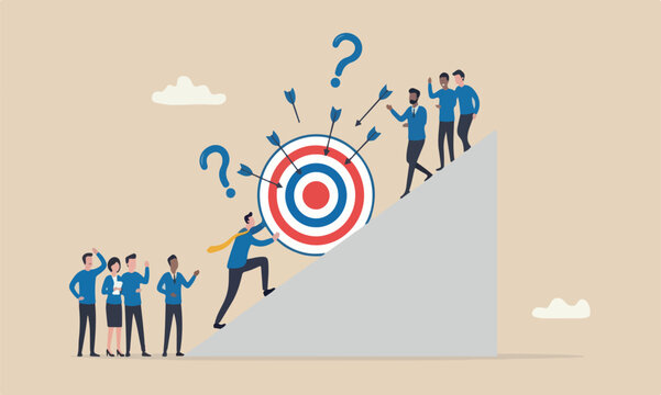 Missed targe meeting obstacle to achieve target or set too high or unrealistic goal concept, businessman trying hard to push dartboard or arrow target up