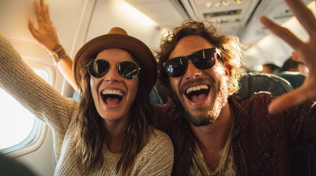 Lovely couple romantic moment. A man and woman wearing sunglasses and hats, smiling and waving while seated in an airplane. The background is slightly blurred.