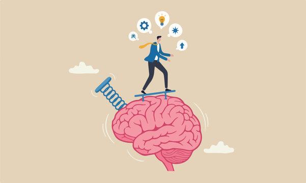 Brain intelligence new idea, smart or wisdom to brainstorm, imagination to success concept, businessman riding human brain with springboard