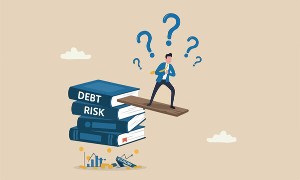 Investment economic style of the illustration is modern, flat design with clean lines and minimal shading. books payback concept, businessman standing on high jumping wood in the sky looking down with