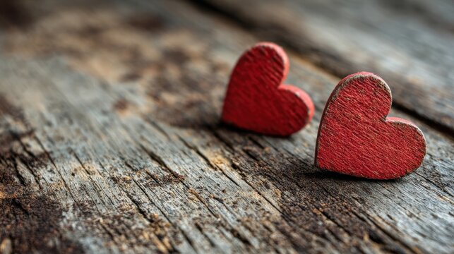 Romantic love theme for Valentines Day. Two red wooden hearts on a rustic wooden surface, with a blurred background, creating a romantic atmosphere.