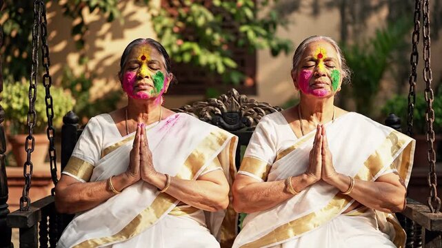Two elderly Indian women in traditional white saris and colorful powder on faces sit on a swing, praying with hands together, celebrating Holi festival