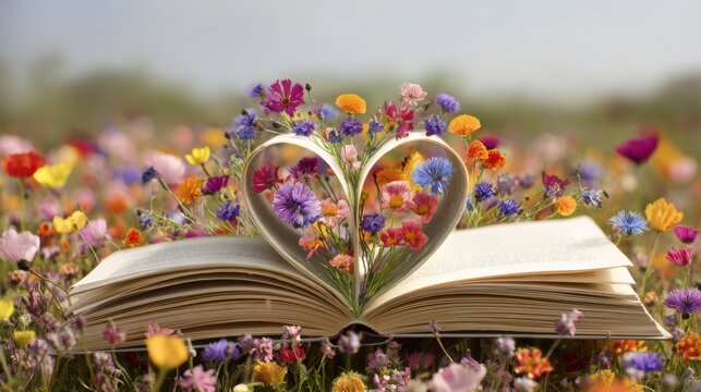 Romantic love theme for Valentines Day. An open book with a heartshaped arrangement of vibrant flowers, set against a blurred background.